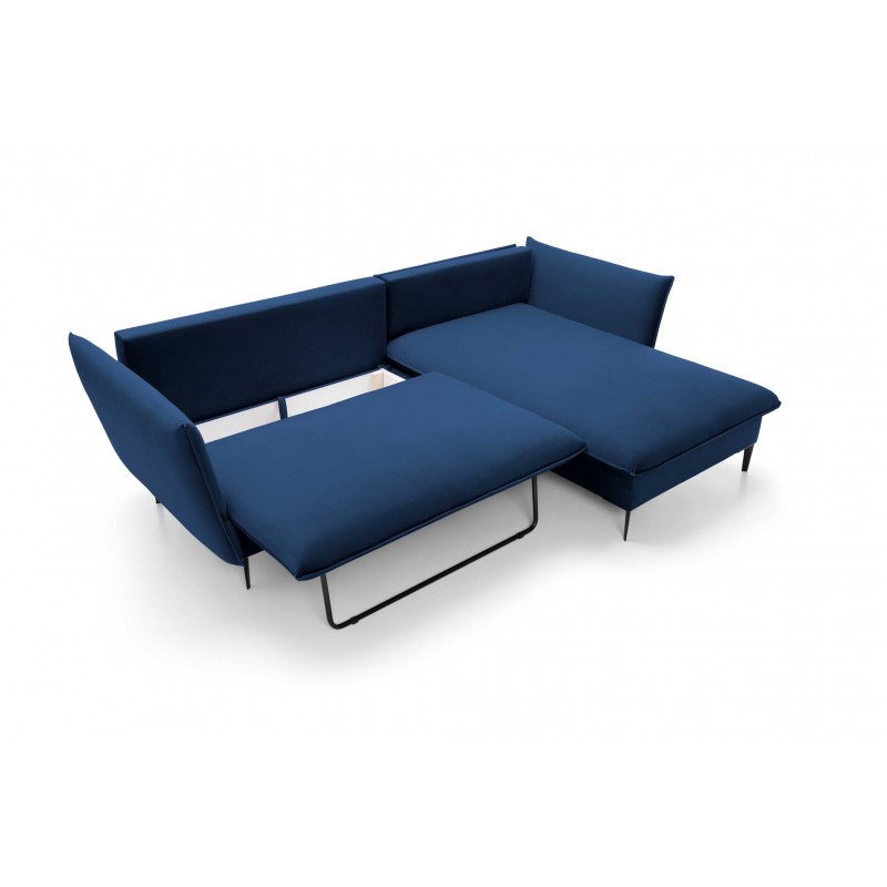 Ausgeklapptes Ecksofa ROSSA navy blue mit Bettzeugablage und Kissen 8/9