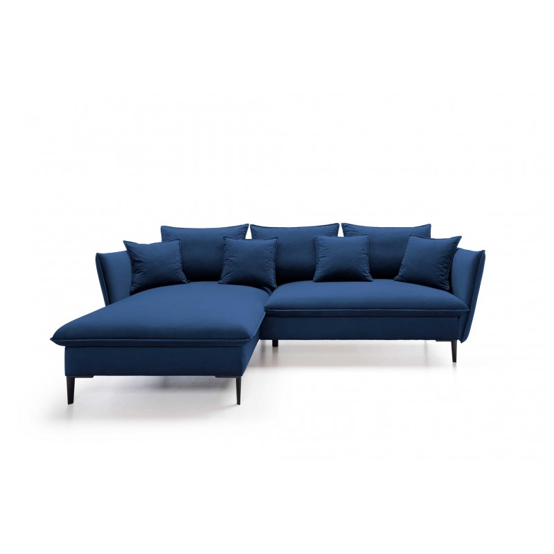 Ausgeklapptes Ecksofa ROSSA navy blue mit Bettzeugablage und Kissen 11/9