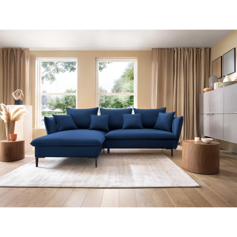 Ausgeklapptes Ecksofa ROSSA navy blue mit Bettzeugablage und Kissen 12/9
