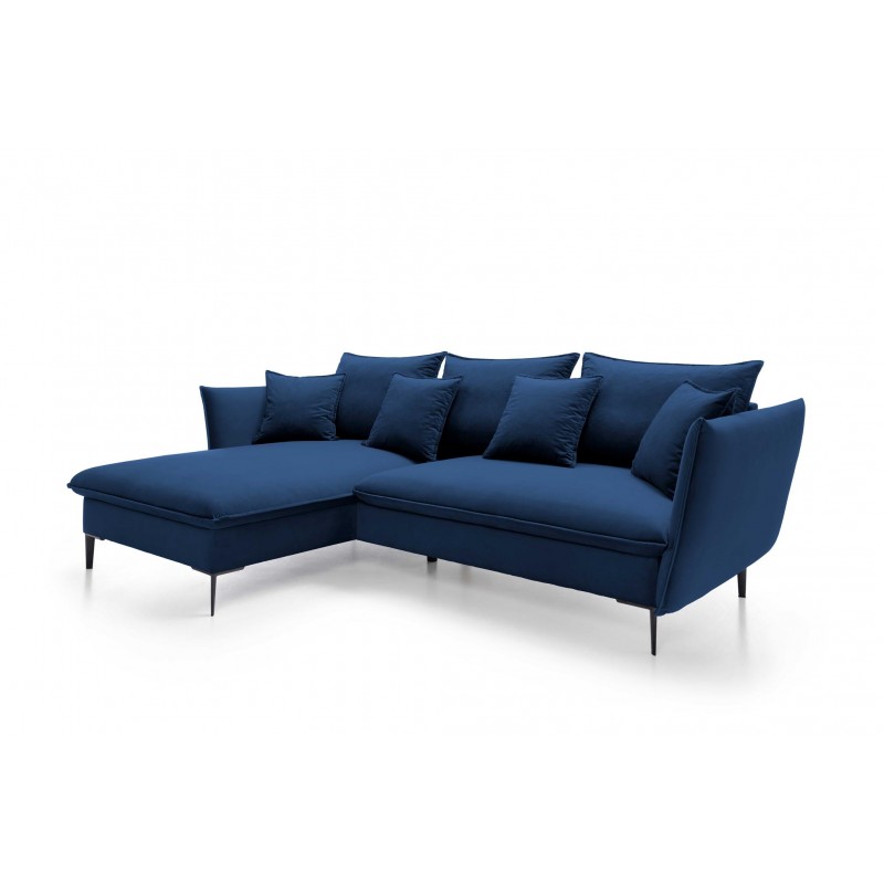 Ausgeklapptes Ecksofa ROSSA navy blue mit Bettzeugablage und Kissen 13/9