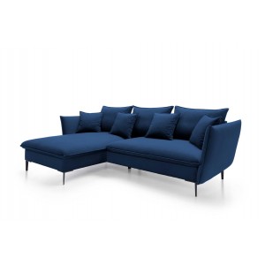 Ausgeklapptes Ecksofa ROSSA navy blue mit Bettzeugablage und Kissen 13/9