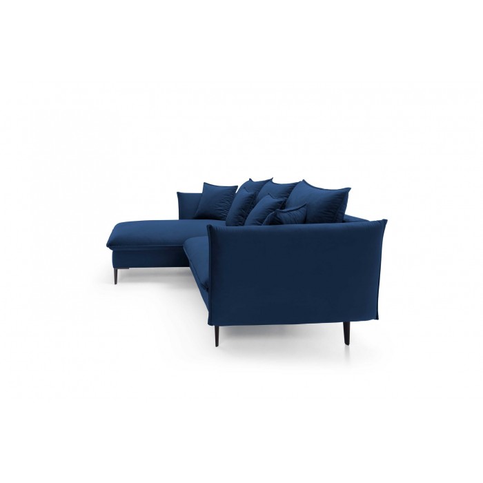 Ausgeklapptes Ecksofa ROSSA navy blue mit Bettzeugablage und Kissen