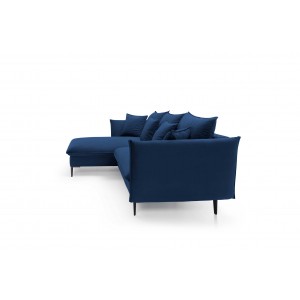 Ausgeklapptes Ecksofa ROSSA navy blue mit Bettzeugablage und Kissen 14/9
