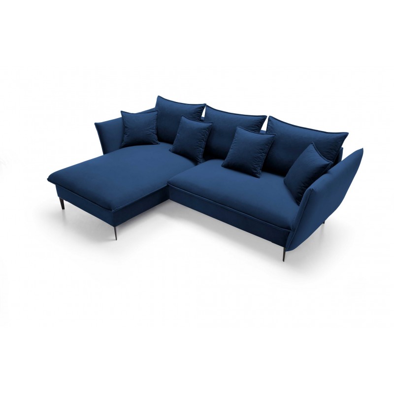 Ausgeklapptes Ecksofa ROSSA navy blue mit Bettzeugablage und Kissen 15/9