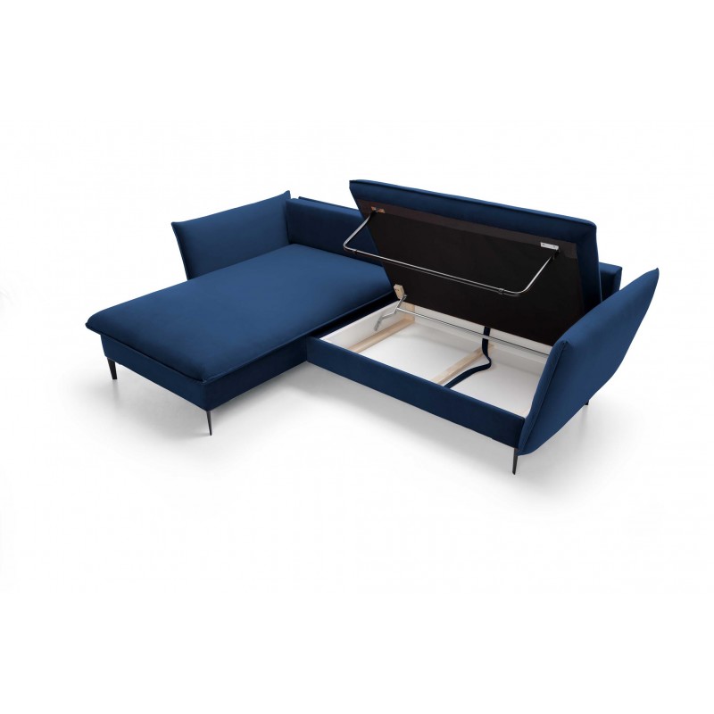 Ausgeklapptes Ecksofa ROSSA navy blue mit Bettzeugablage und Kissen 16/9