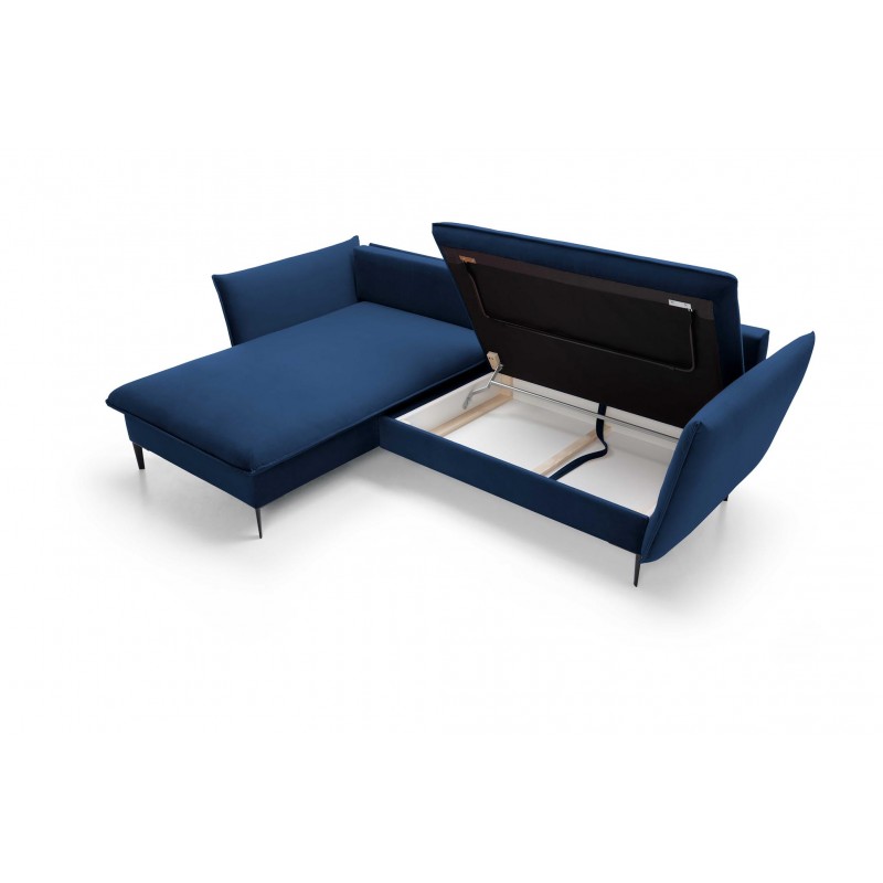 Ausgeklapptes Ecksofa ROSSA navy blue mit Bettzeugablage und Kissen 17/9