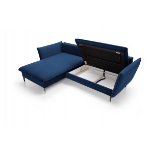 Ausgeklapptes Ecksofa ROSSA navy blue mit Bettzeugablage und Kissen 17/9