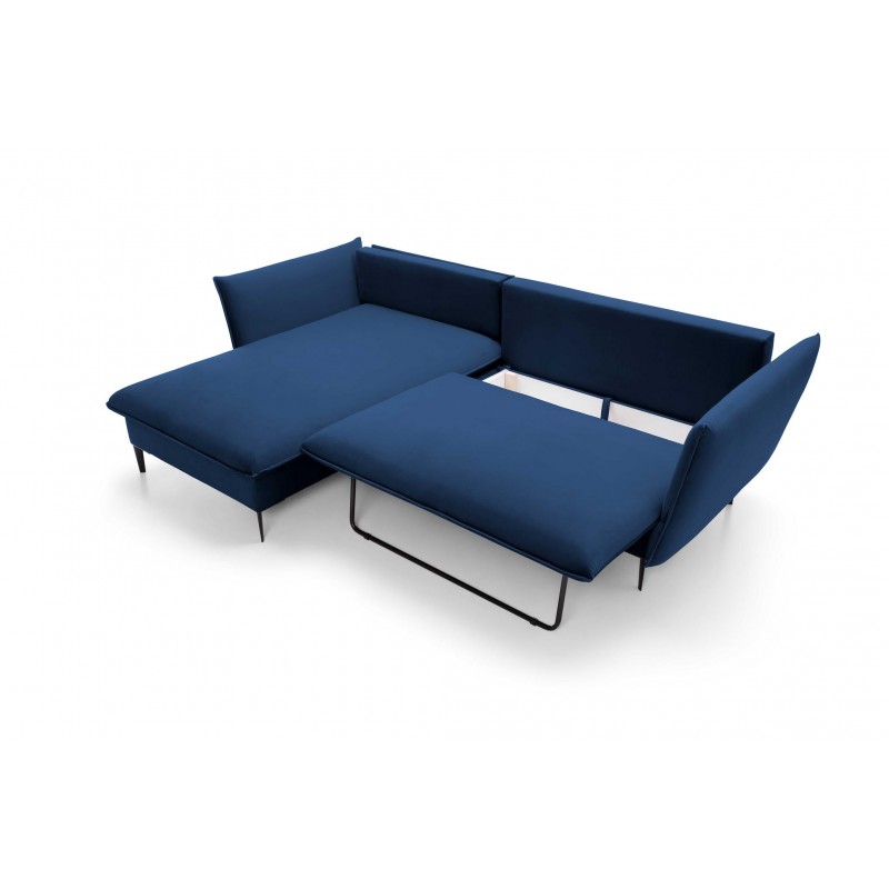 Ausgeklapptes Ecksofa ROSSA navy blue mit Bettzeugablage und Kissen 18/9