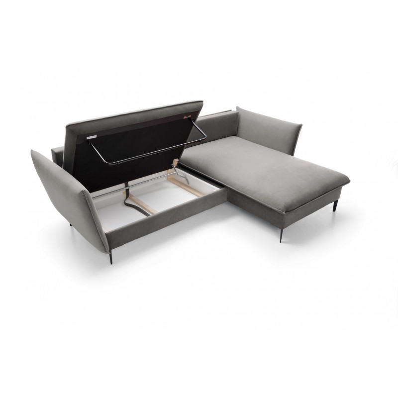 ROSSA graues ausklappbares Ecksofa mit Bettzeugablage und Kissen 6/9