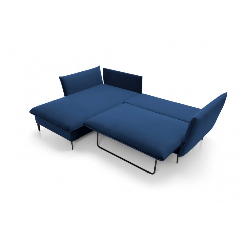 Ausgeklapptes Ecksofa ROSSA navy blue mit Bettzeugablage und Kissen 19/9