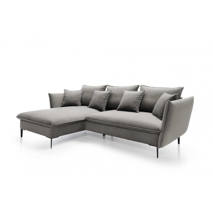 ROSSA graues ausklappbares Ecksofa mit Bettzeugablage und Kissen