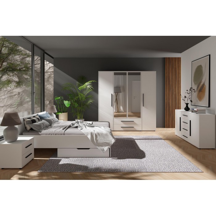 Modernes weißes Bett MAXIVO mit hohem Kopfteil und Holzrahmen für das Schlafzimmer