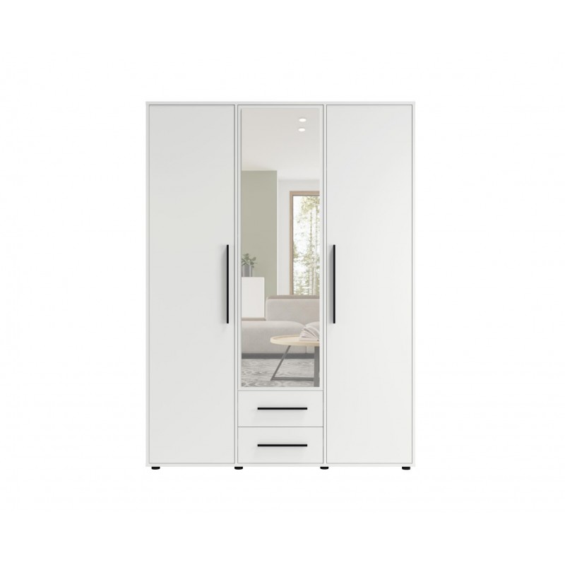Weißer dreitüriger Kleiderschrank mit klappbarem Auszug MAXIVO mit Schubladen und Spiegel 2/9