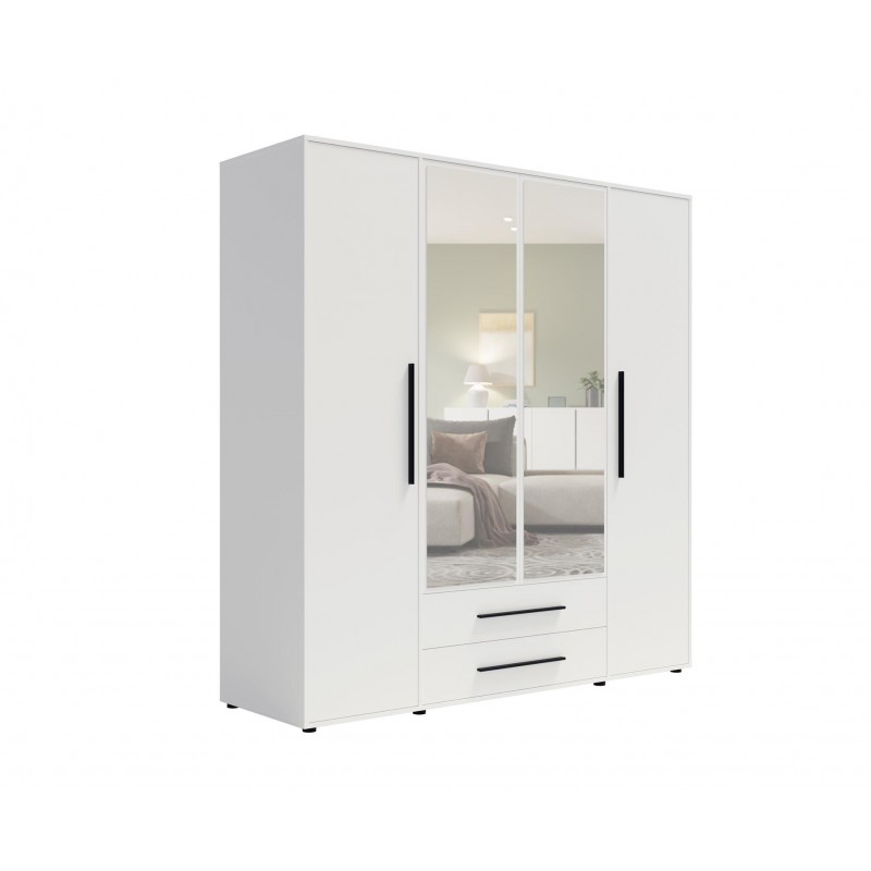 Weißer viertüriger Kleiderschrank mit klappbarem Auszug MAXIVO mit Schubladen und Spiegel 1/9
