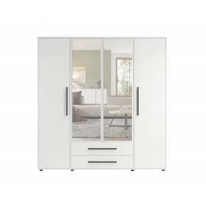 Weißer viertüriger Kleiderschrank mit klappbarem Auszug MAXIVO mit Schubladen und Spiegel 2/9
