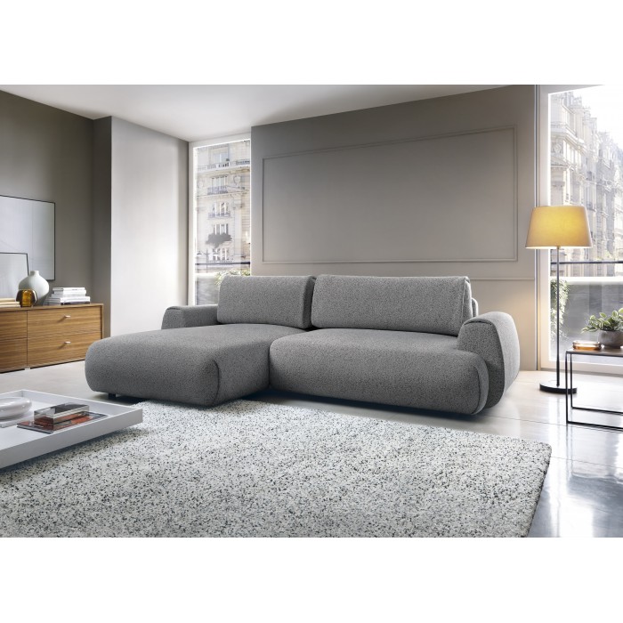 Stilvolles dunkelgraues Ecksofa MORENA mit Bettzeugablage für das Wohnzimmer