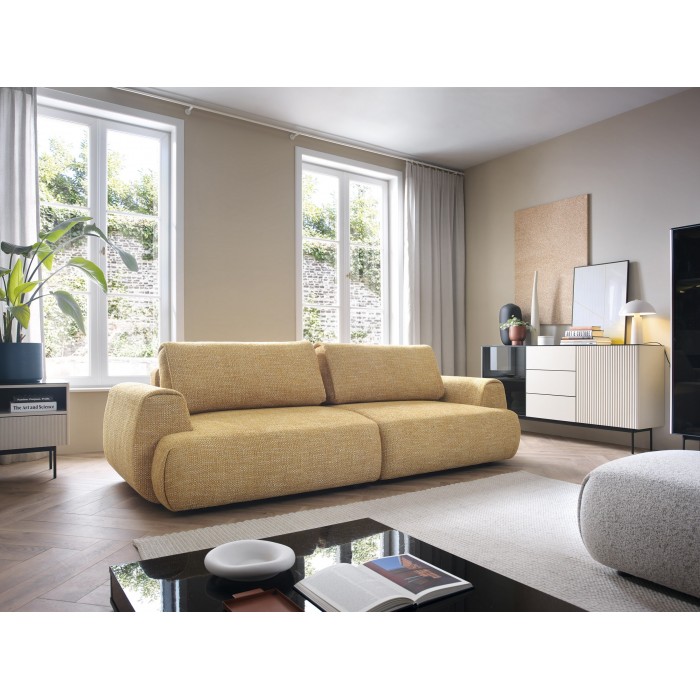 Stilvolles gelbes Sofa MORENA mit Kissen und Bettzeugfach
