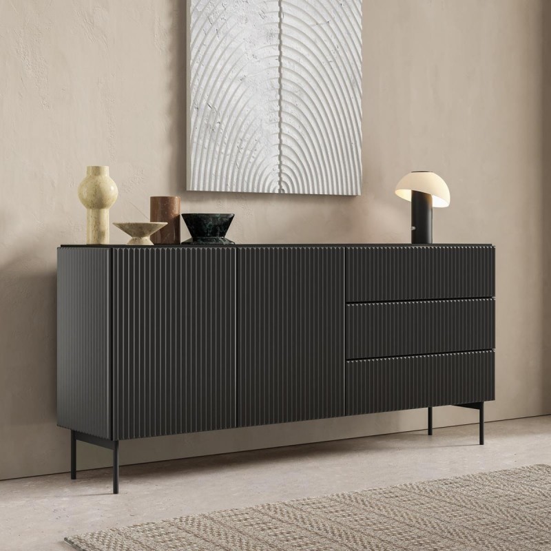 Zweitürige Kommode mit breiten Schubladen TUTTI Schwarz 177 cm für Wohnzimmer 3/9