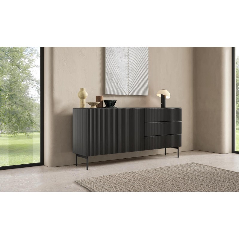Zweitürige Kommode mit breiten Schubladen TUTTI Schwarz 177 cm für Wohnzimmer 9/9