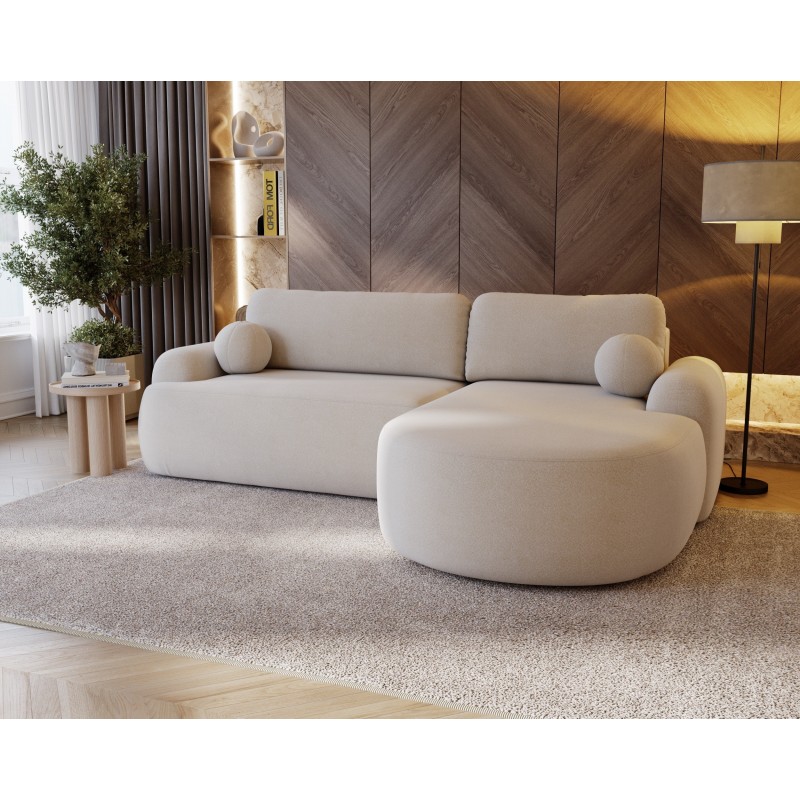 Elegante cremefarbene CLOUDY-Ecke rechts aus Lammfellstoff mit abgerundeten Seiten und dekorativen kugelförmigen Kissen 3/9