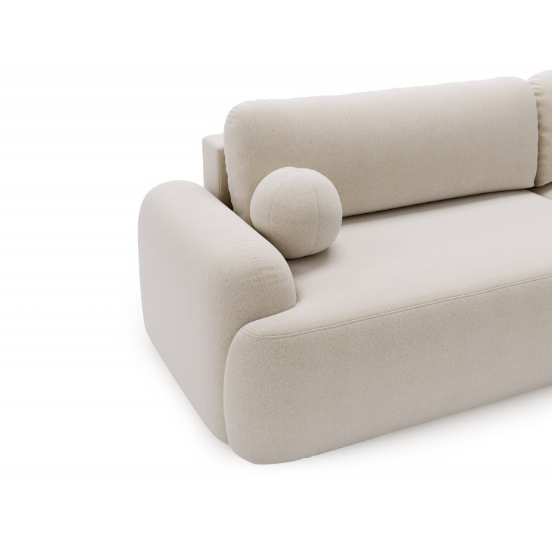 Elegante cremefarbene CLOUDY-Ecke rechts aus Lammfellstoff mit abgerundeten Seiten und dekorativen kugelförmigen Kissen 4/9