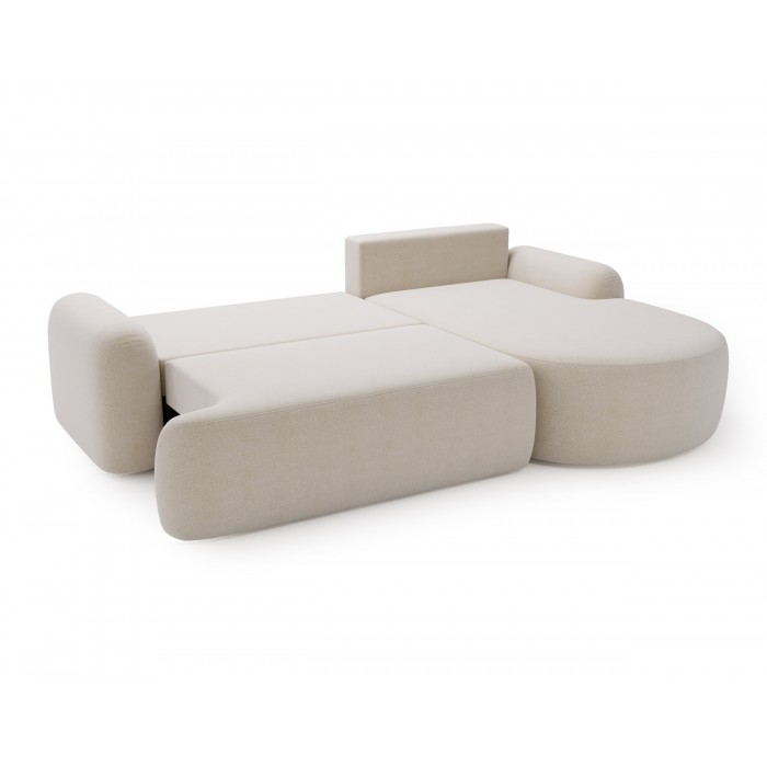 Elegante cremefarbene CLOUDY-Ecke rechts aus Lammfellstoff mit abgerundeten Seiten und dekorativen kugelförmigen Kissen