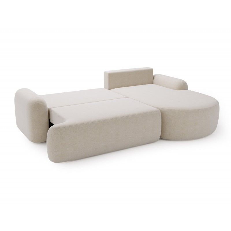 Elegante cremefarbene CLOUDY-Ecke rechts aus Lammfellstoff mit abgerundeten Seiten und dekorativen kugelförmigen Kissen 6/9