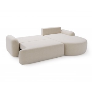 Elegante cremefarbene CLOUDY-Ecke rechts aus Lammfellstoff mit abgerundeten Seiten und dekorativen kugelförmigen Kissen 6/9