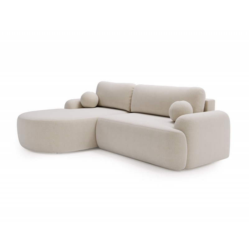 Elegante cremefarbene CLOUDY-Ecke links aus Lammfellstoff mit abgerundeten Seiten und dekorativen kugelförmigen Kissen