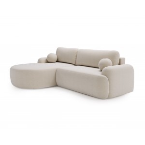 Elegante cremefarbene CLOUDY-Ecke links aus Lammfellstoff mit abgerundeten Seiten und dekorativen kugelförmigen Kissen 1/9