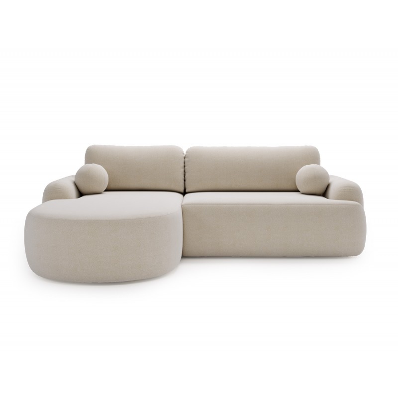Elegante cremefarbene CLOUDY-Ecke links aus Lammfellstoff mit abgerundeten Seiten und dekorativen kugelförmigen Kissen 2/9