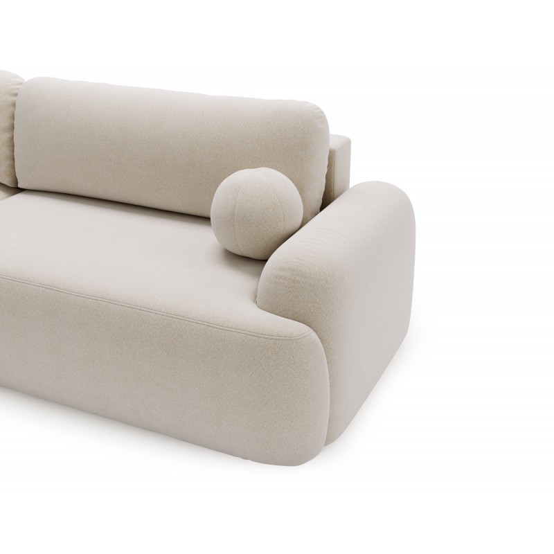 Elegante cremefarbene CLOUDY-Ecke links aus Lammfellstoff mit abgerundeten Seiten und dekorativen kugelförmigen Kissen 5/9
