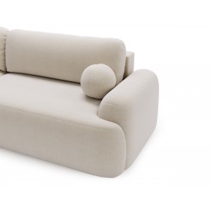 Elegante cremefarbene CLOUDY-Ecke links aus Lammfellstoff mit abgerundeten Seiten und dekorativen kugelförmigen Kissen 5/9