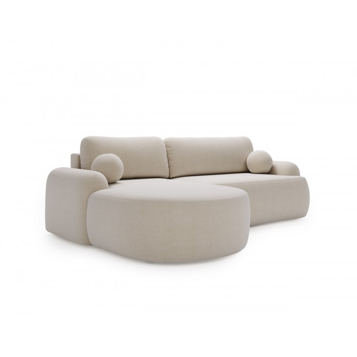 Elegante cremefarbene CLOUDY-Ecke links aus Lammfellstoff mit abgerundeten Seiten und dekorativen kugelförmigen Kissen