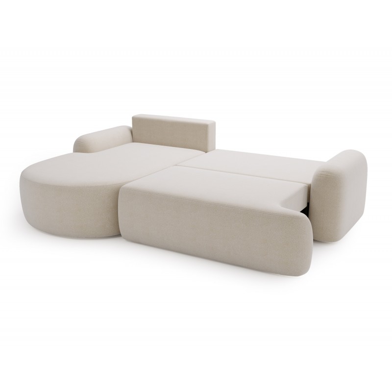 Elegante cremefarbene CLOUDY-Ecke links aus Lammfellstoff mit abgerundeten Seiten und dekorativen kugelförmigen Kissen 7/9