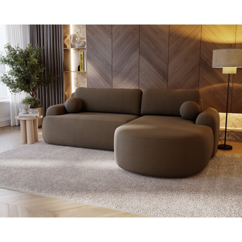 Elegante braune CLOUDY-Ecke rechts aus Lammfellstoff mit abgerundeten Seiten und dekorativen kugelförmigen Kissen 3/9