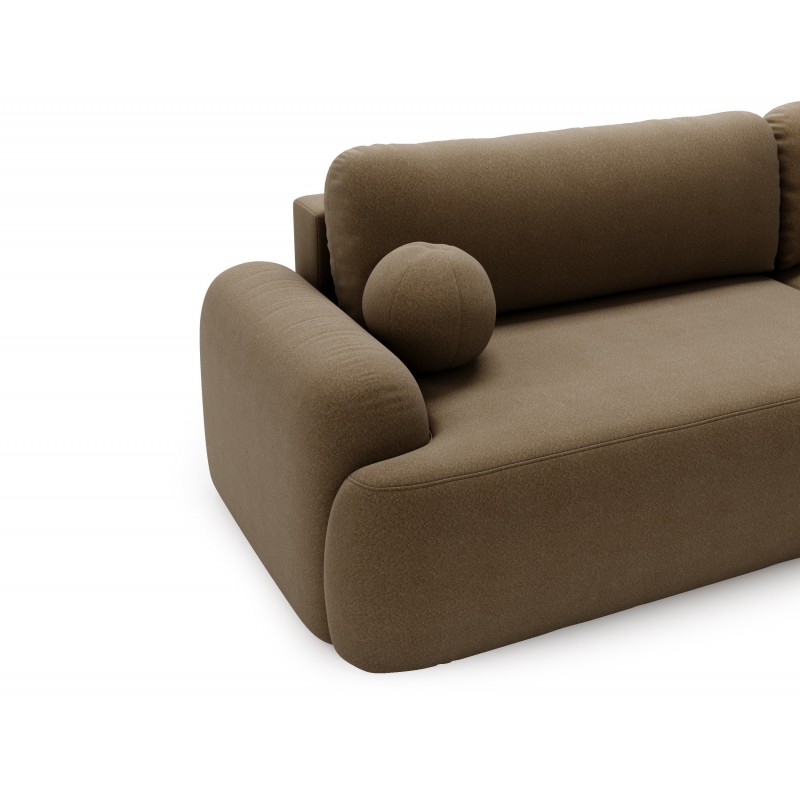 Elegante braune CLOUDY-Ecke rechts aus Lammfellstoff mit abgerundeten Seiten und dekorativen kugelförmigen Kissen 4/9