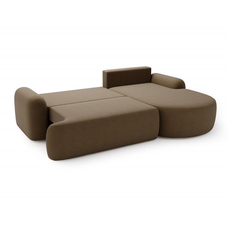 Elegante braune CLOUDY-Ecke rechts aus Lammfellstoff mit abgerundeten Seiten und dekorativen kugelförmigen Kissen 6/9