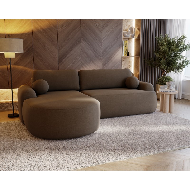 Elegante braune linke Ecke CLOUDY aus Lammfellstoff mit abgerundeten Seiten und dekorativen kugelförmigen Kissen 3/9