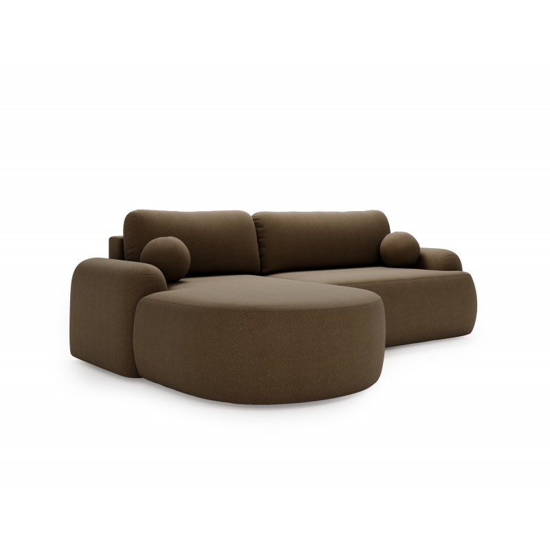 Elegante braune linke Ecke CLOUDY aus Lammfellstoff mit abgerundeten Seiten und dekorativen kugelförmigen Kissen 5/9