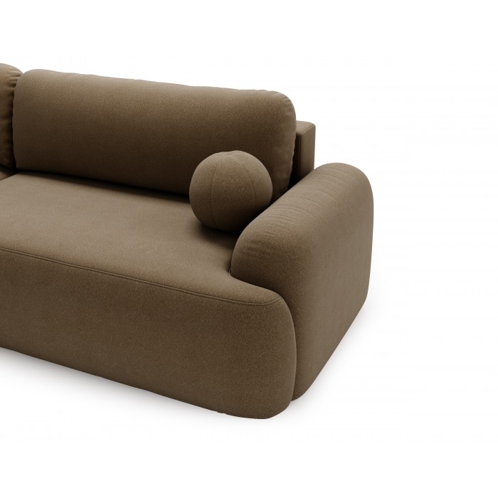 Elegante braune linke Ecke CLOUDY aus Lammfellstoff mit abgerundeten Seiten und dekorativen kugelförmigen Kissen
