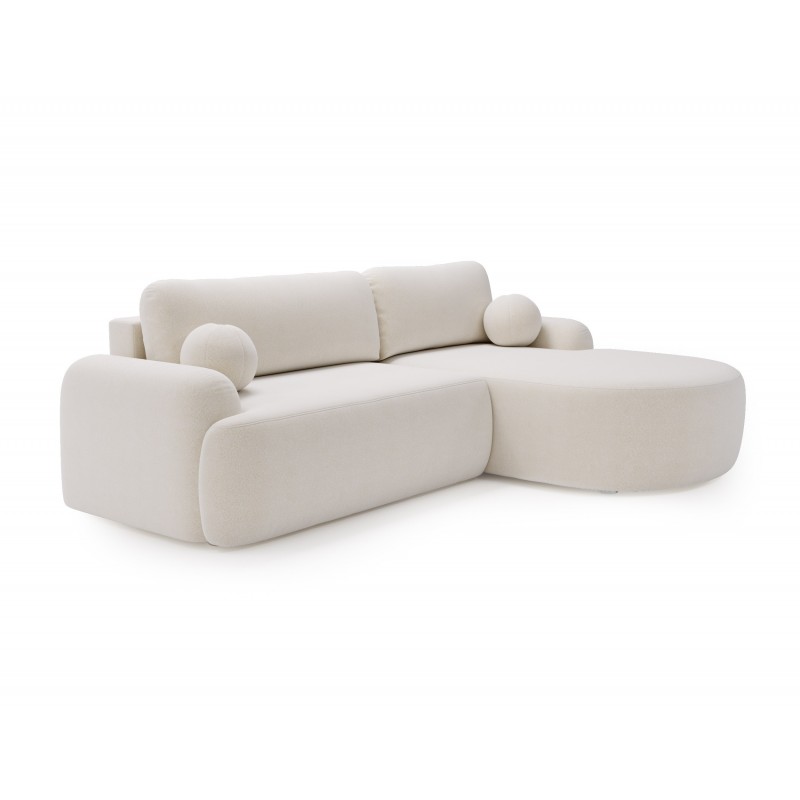 Elegante weiße CLOUDY-Ecke rechts aus Lammfellstoff mit abgerundeten Seiten und dekorativen kugelförmigen Kissen 1/9