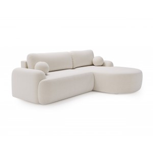Elegante weiße CLOUDY-Ecke rechts aus Lammfellstoff mit abgerundeten Seiten und dekorativen kugelförmigen Kissen 1/9