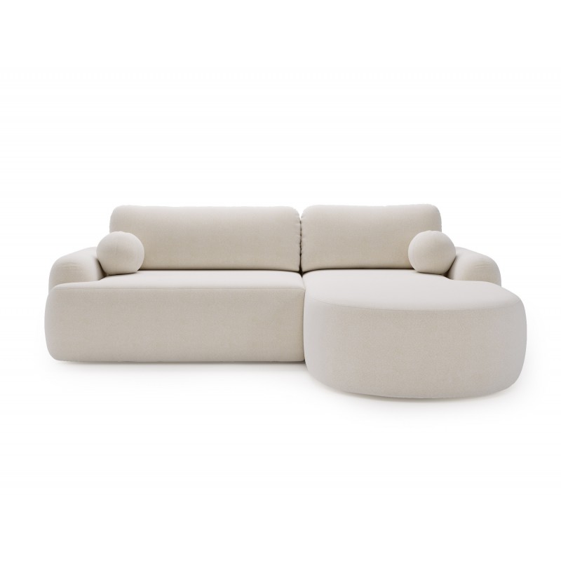 Elegante weiße CLOUDY-Ecke rechts aus Lammfellstoff mit abgerundeten Seiten und dekorativen kugelförmigen Kissen 2/9