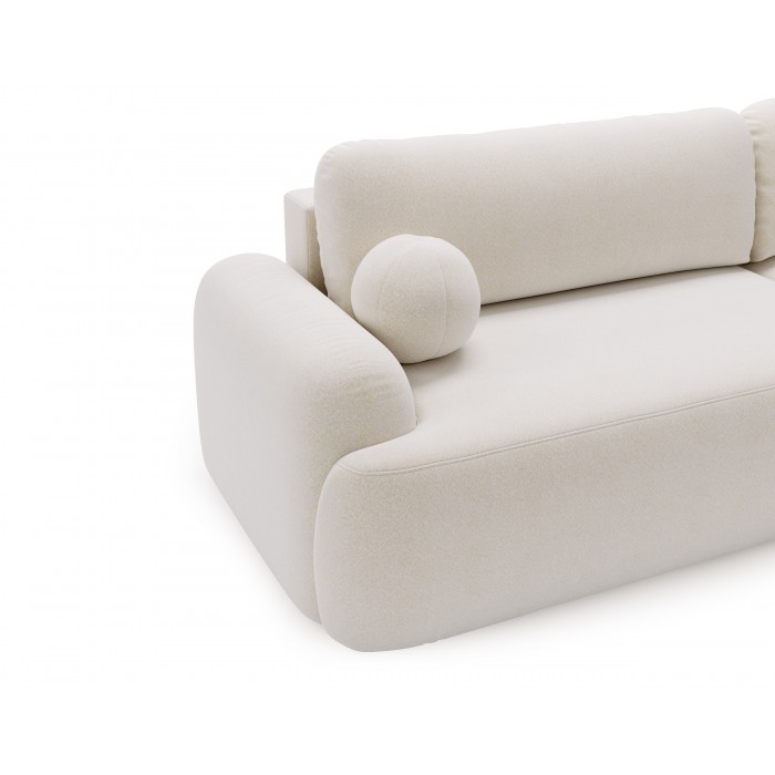Elegante weiße CLOUDY-Ecke rechts aus Lammfellstoff mit abgerundeten Seiten und dekorativen kugelförmigen Kissen