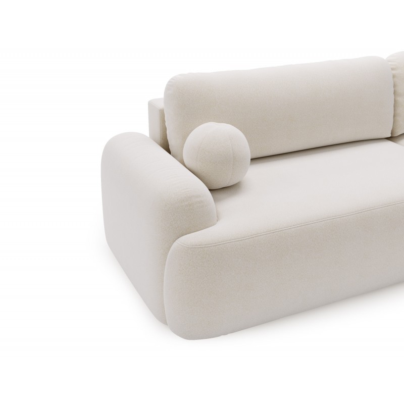 Elegante weiße CLOUDY-Ecke rechts aus Lammfellstoff mit abgerundeten Seiten und dekorativen kugelförmigen Kissen 3/9