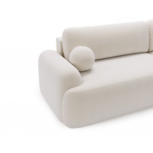 Elegante weiße CLOUDY-Ecke rechts aus Lammfellstoff mit abgerundeten Seiten und dekorativen kugelförmigen Kissen 3/9