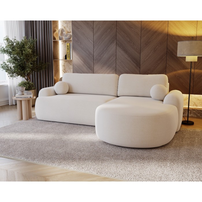 Elegante weiße CLOUDY-Ecke rechts aus Lammfellstoff mit abgerundeten Seiten und dekorativen kugelförmigen Kissen