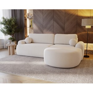 Elegante weiße CLOUDY-Ecke rechts aus Lammfellstoff mit abgerundeten Seiten und dekorativen kugelförmigen Kissen 4/9