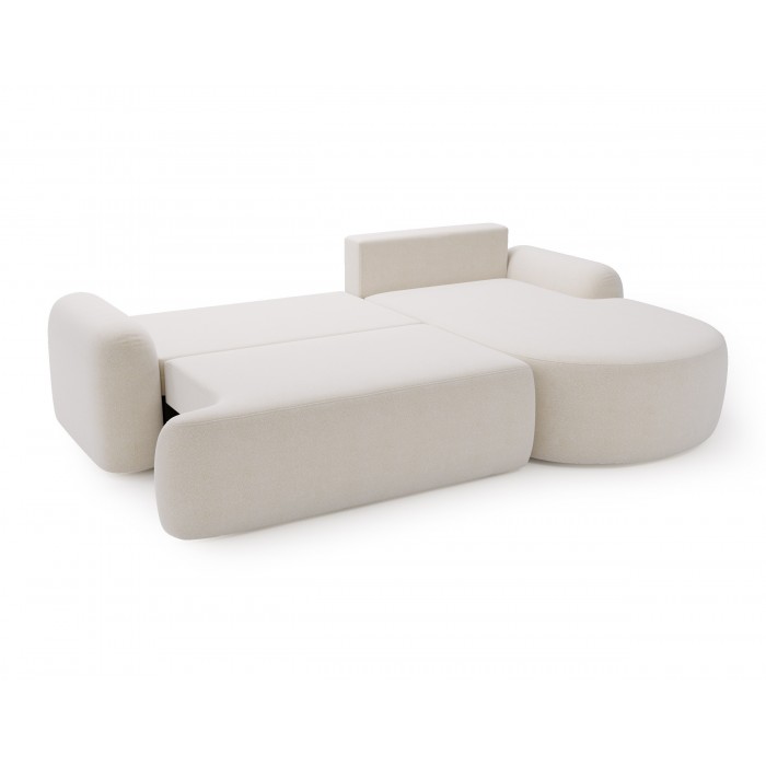 Elegante weiße CLOUDY-Ecke rechts aus Lammfellstoff mit abgerundeten Seiten und dekorativen kugelförmigen Kissen